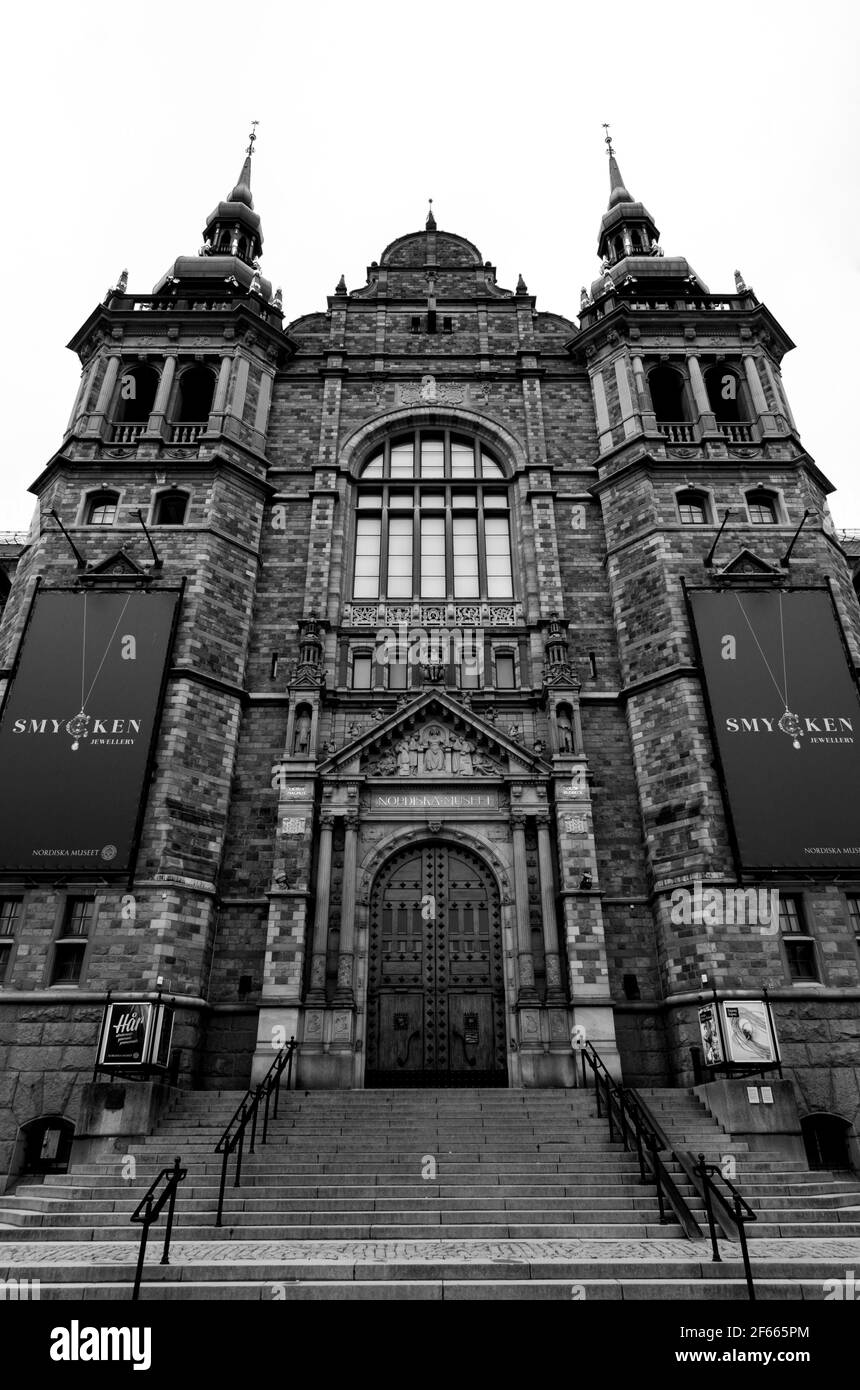 The Nordic Museum / Nordiska museet) on Djurgarden, Stockholm, Sweden. B&W Stock Photo