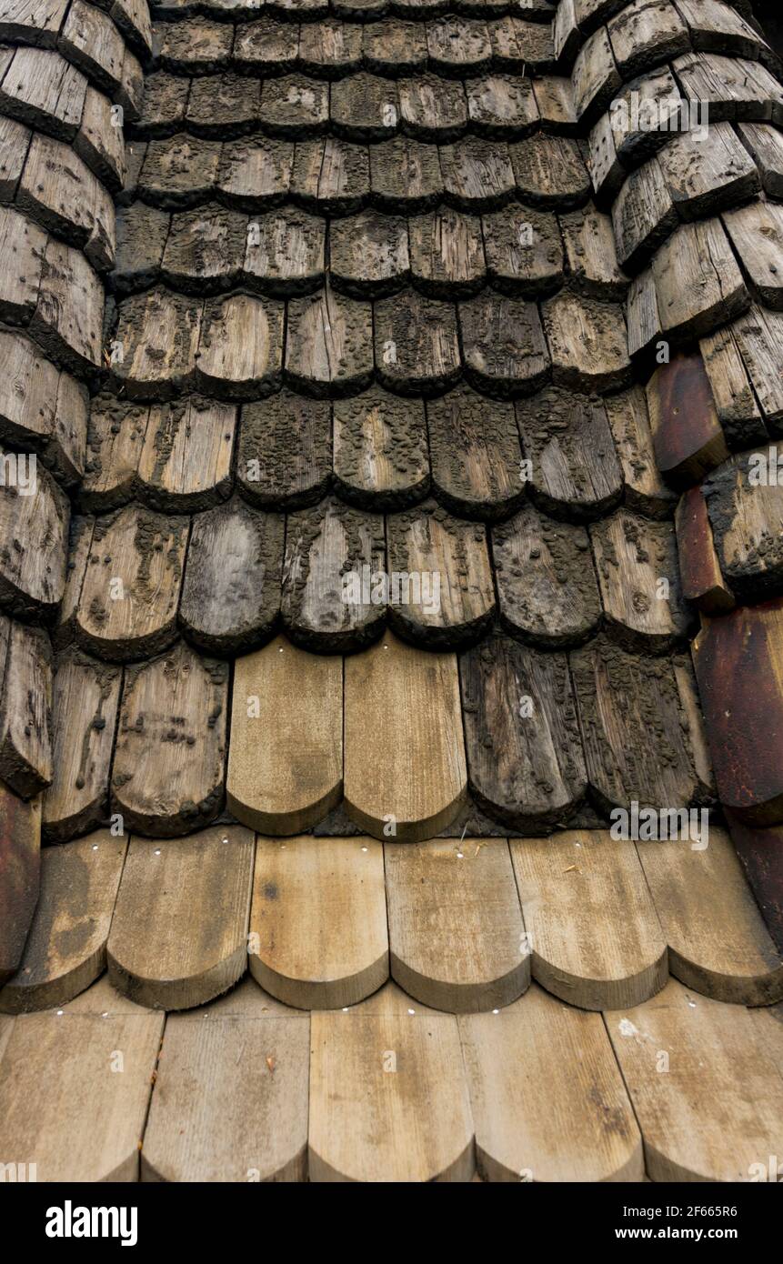 A detail of the roof of the Biological Museum, Djurgarden, , Stockholm, showing a pattern of scalloped wooden tiles Stock Photo
