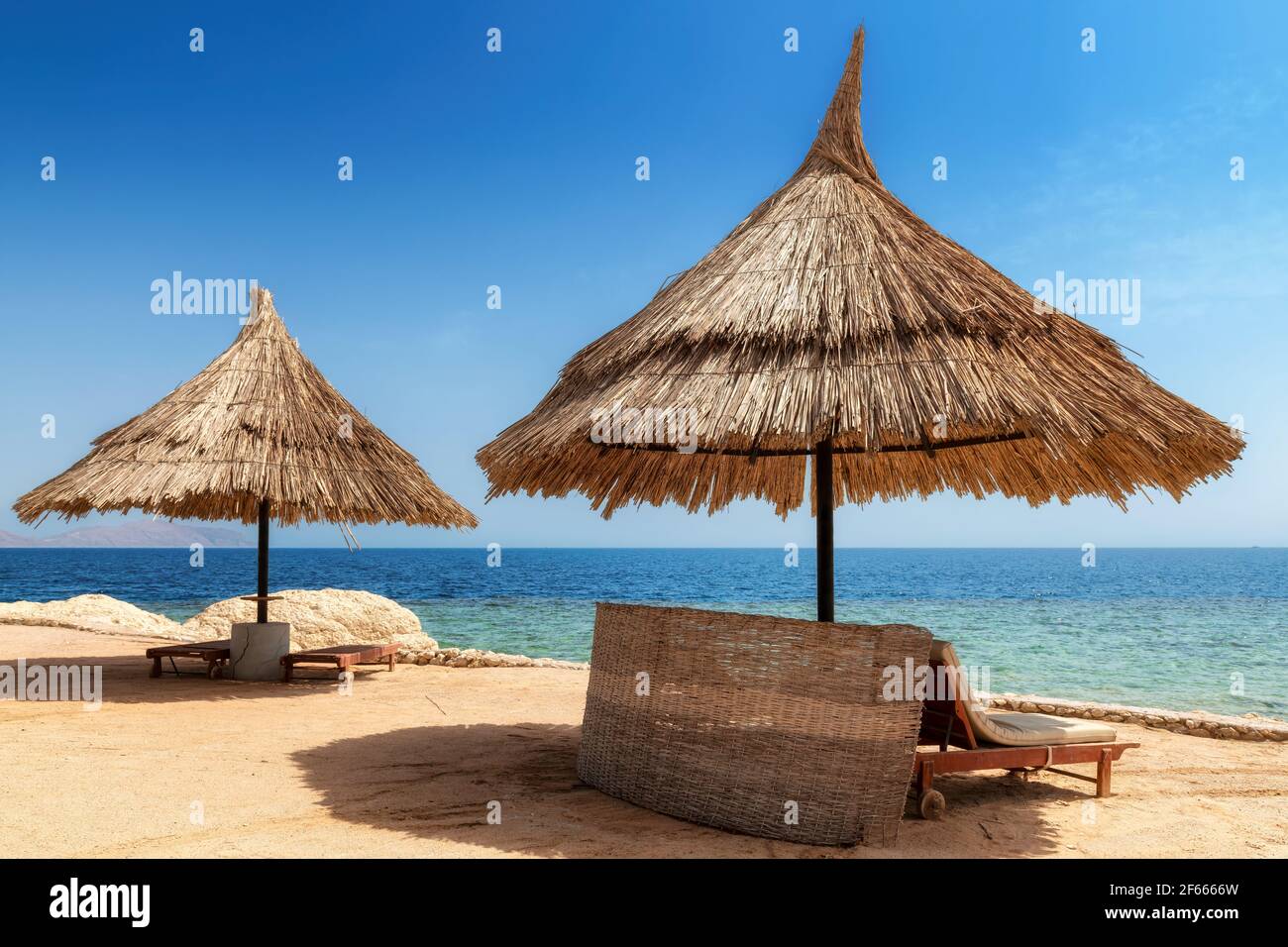 Tropical sunny beach with parasols in coral beach of Red Sea, Egypt,  Africa. Stock Photo