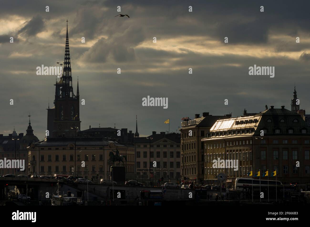 The skyline of Gamla Stan /Old Town including the spire of Riddarholmskyrkan, as seen from from Katarina Sofia Stock Photo