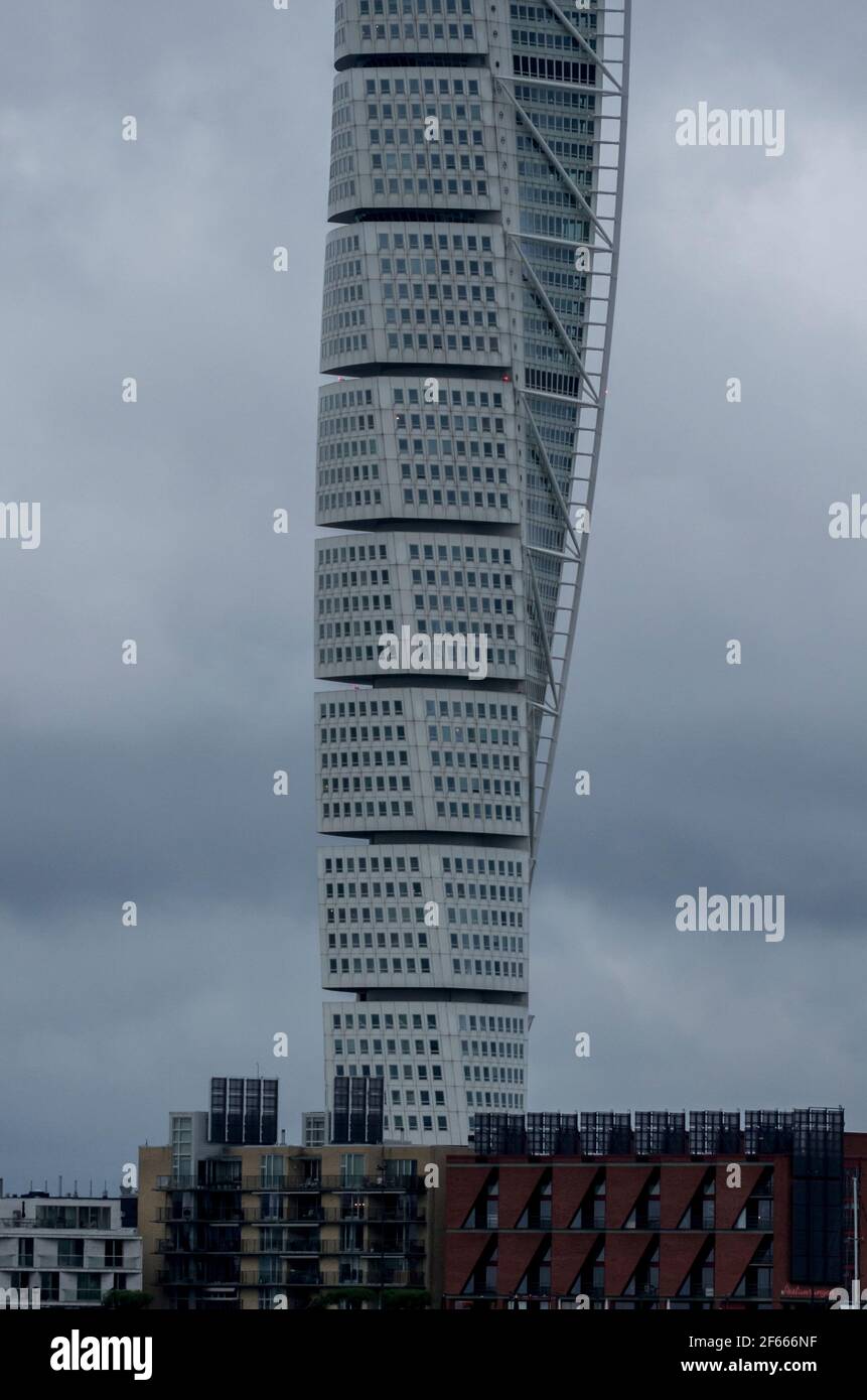 The Turning Torso, a neo-futurist, twisted residential skyscraper in Malmo, Sweden, seen from Ribersborgsstranden Stock Photo