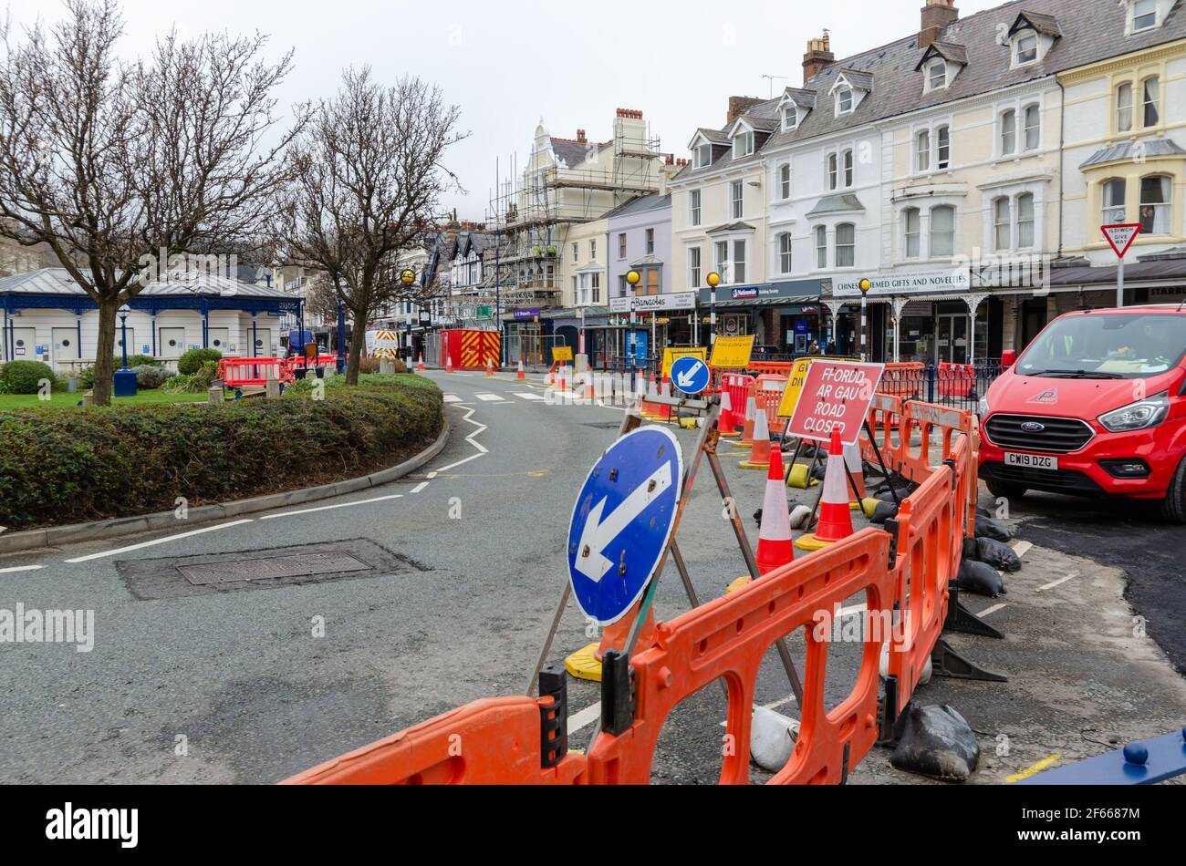 Llandudno, UK Mar 18, 2021 Road works are seen in place to improve