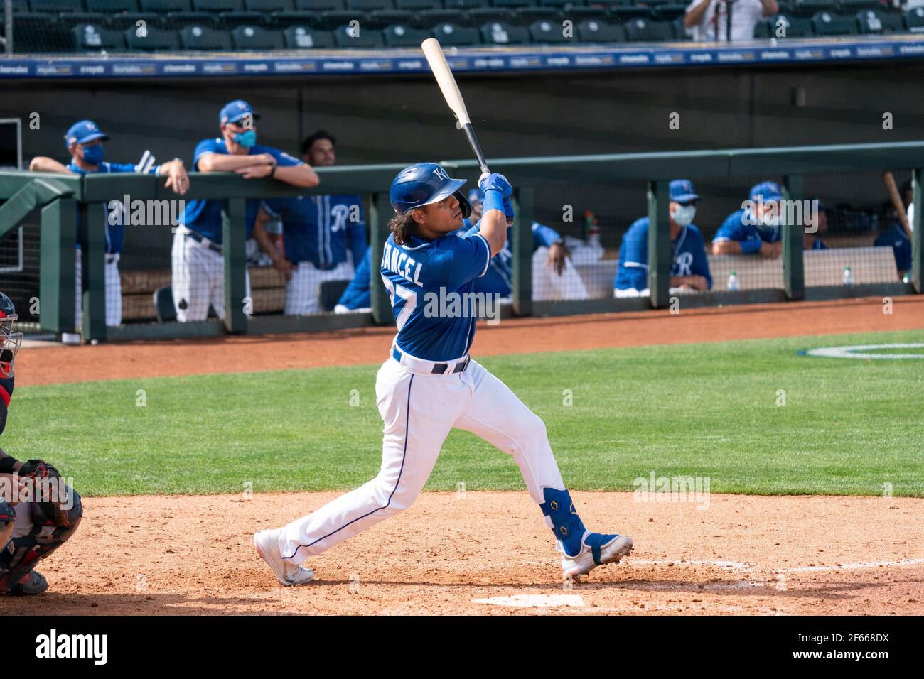 Kansas City Royals second baseman Gabriel Cancel (77) wins it with a walk off double during a spring training game against the Cleveland Indians, Sund Stock Photo