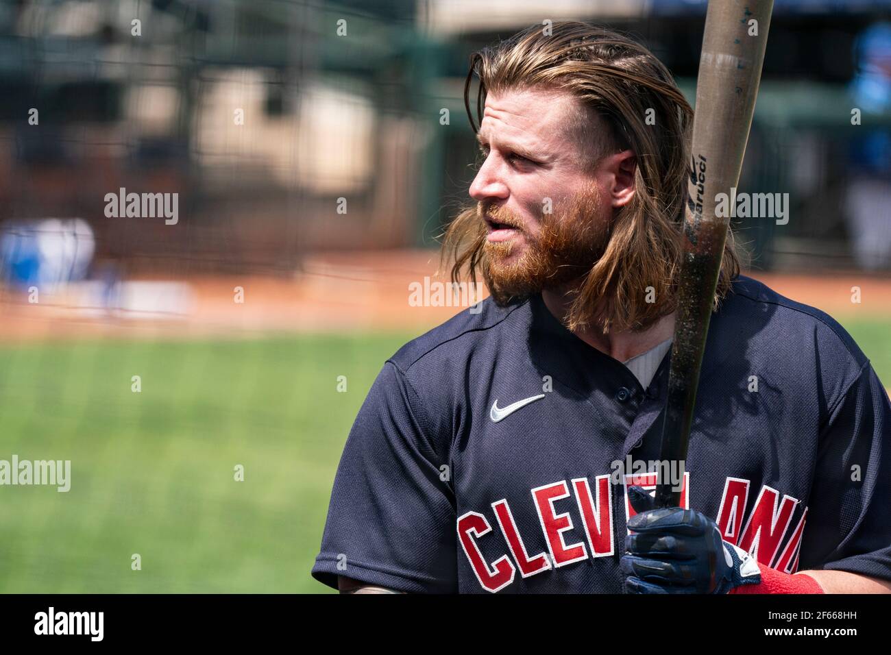 Cleveland Indians right fielder Ben Gamel (28) during a spring training game against the Kansas City Royals, Sunday, March 29, 2021, in Phoenix, AZ. T Stock Photo