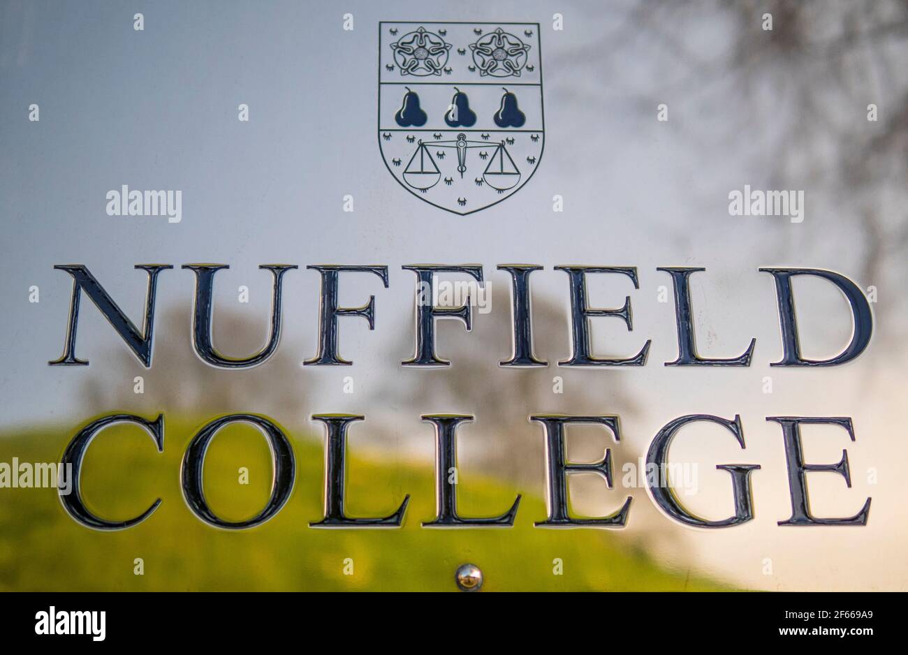 Reflection of Castle Mound, in Nuffield Collage Name Plaque, Oxford University, Oxford, Oxfordshire, England, UK, GB. Stock Photo