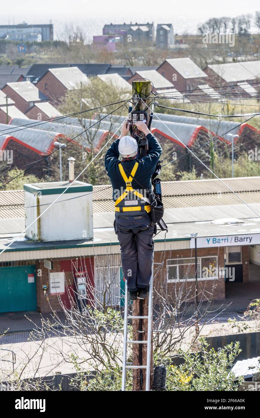 A telephone engineer standing on a ladder working at the top of a telegraph pole. It's a sunny day and beyond him rooftops recede into the distance. Stock Photo