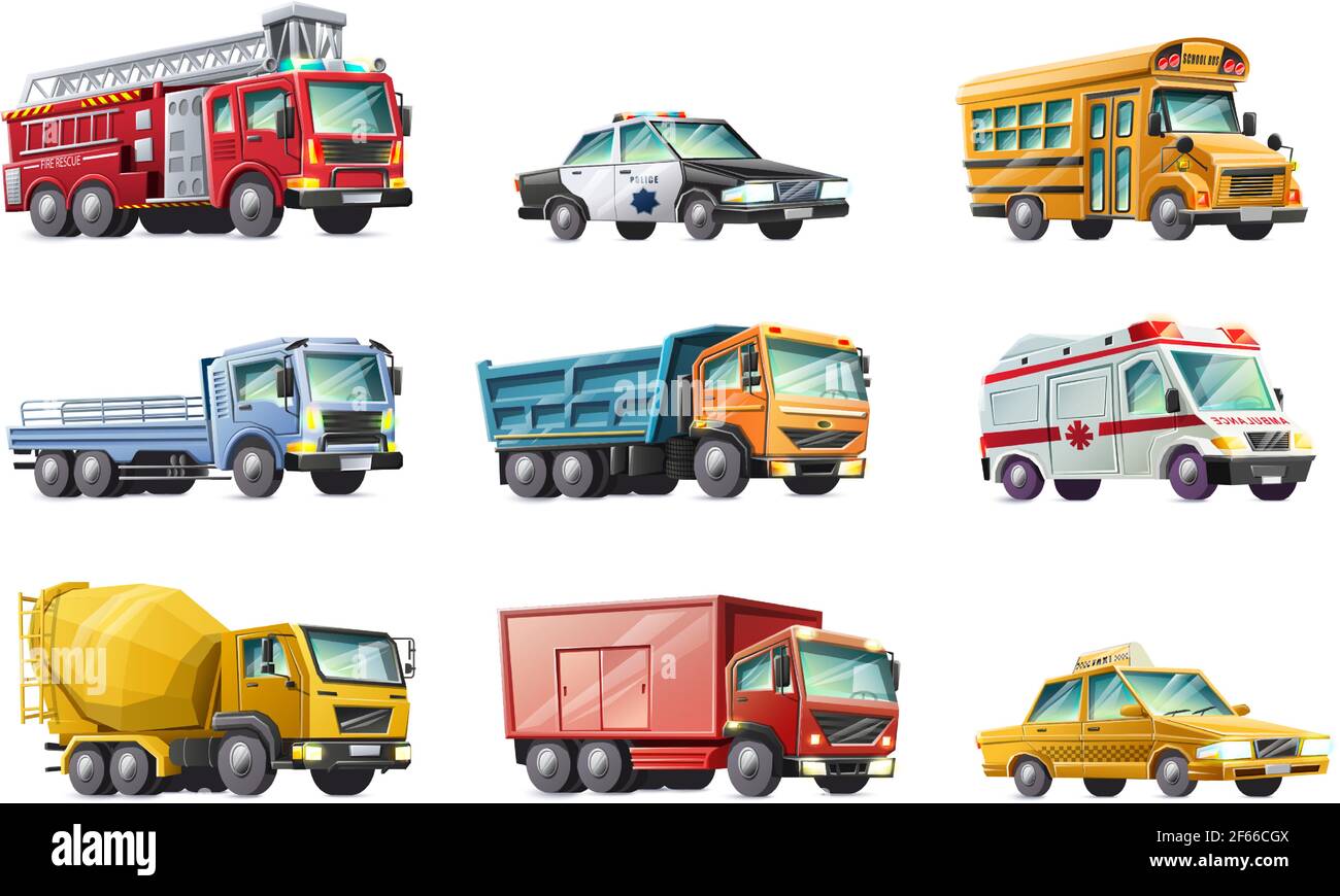 Vector cartoon style collection of cars: fire brigade, police car, school  bus, truck, ambulance, concrete mixer, taxi. Isolated on white background  Stock Vector Image & Art - Alamy