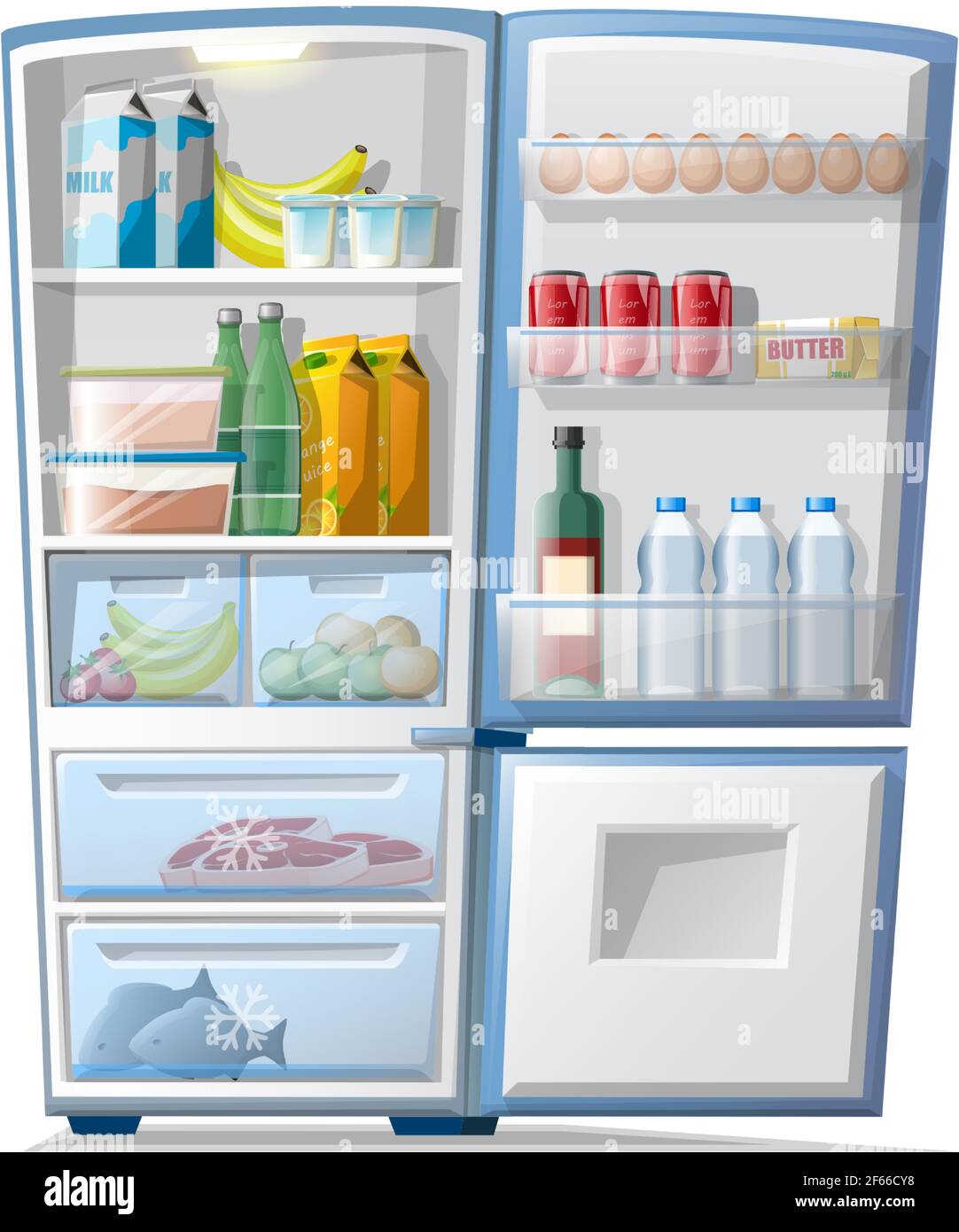 https://c8.alamy.com/comp/2F66CY8/vector-cartoon-style-fridge-with-food-inside-frozen-meat-and-fish-bottles-of-water-and-juice-eggs-etc-isolated-on-white-background-2F66CY8.jpg