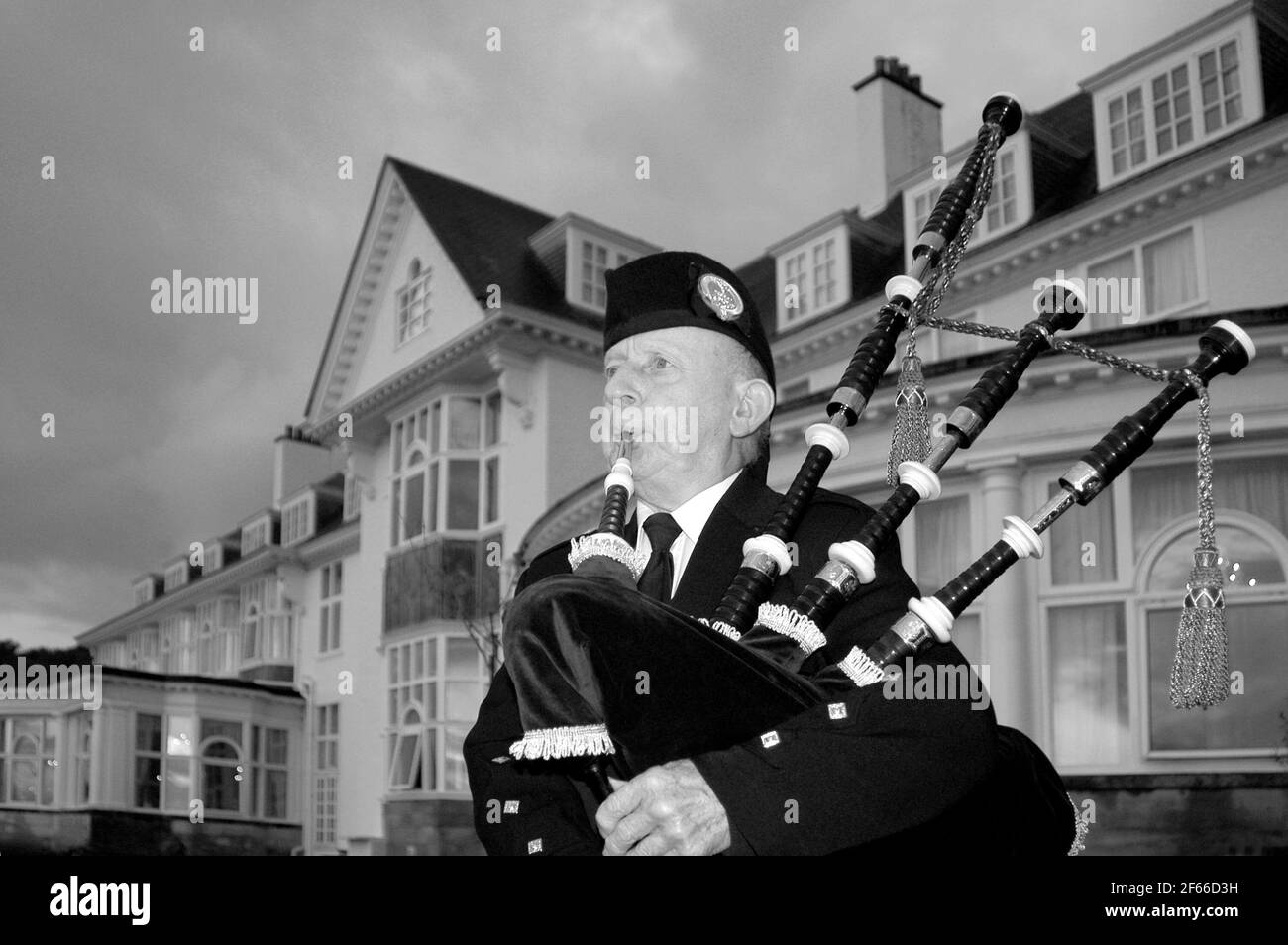 Trump Turnberry: Bagpiper playing the bagpipes at Turnberry Resort in Scotland Stock Photo