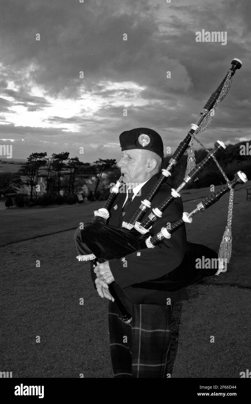 Trump Turnberry: Bagpiper playing the bagpipes at Turnberry Resort in Scotland Stock Photo