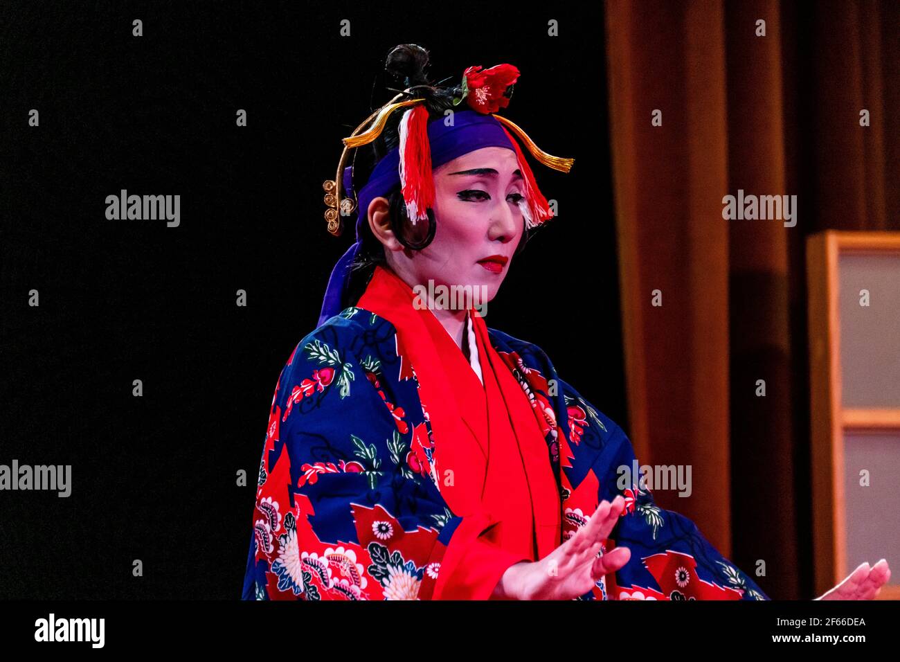 Traditional Okinawan dances at the Okinawan Association of Peru,Kumiodori dance. Lima city. Stock Photo