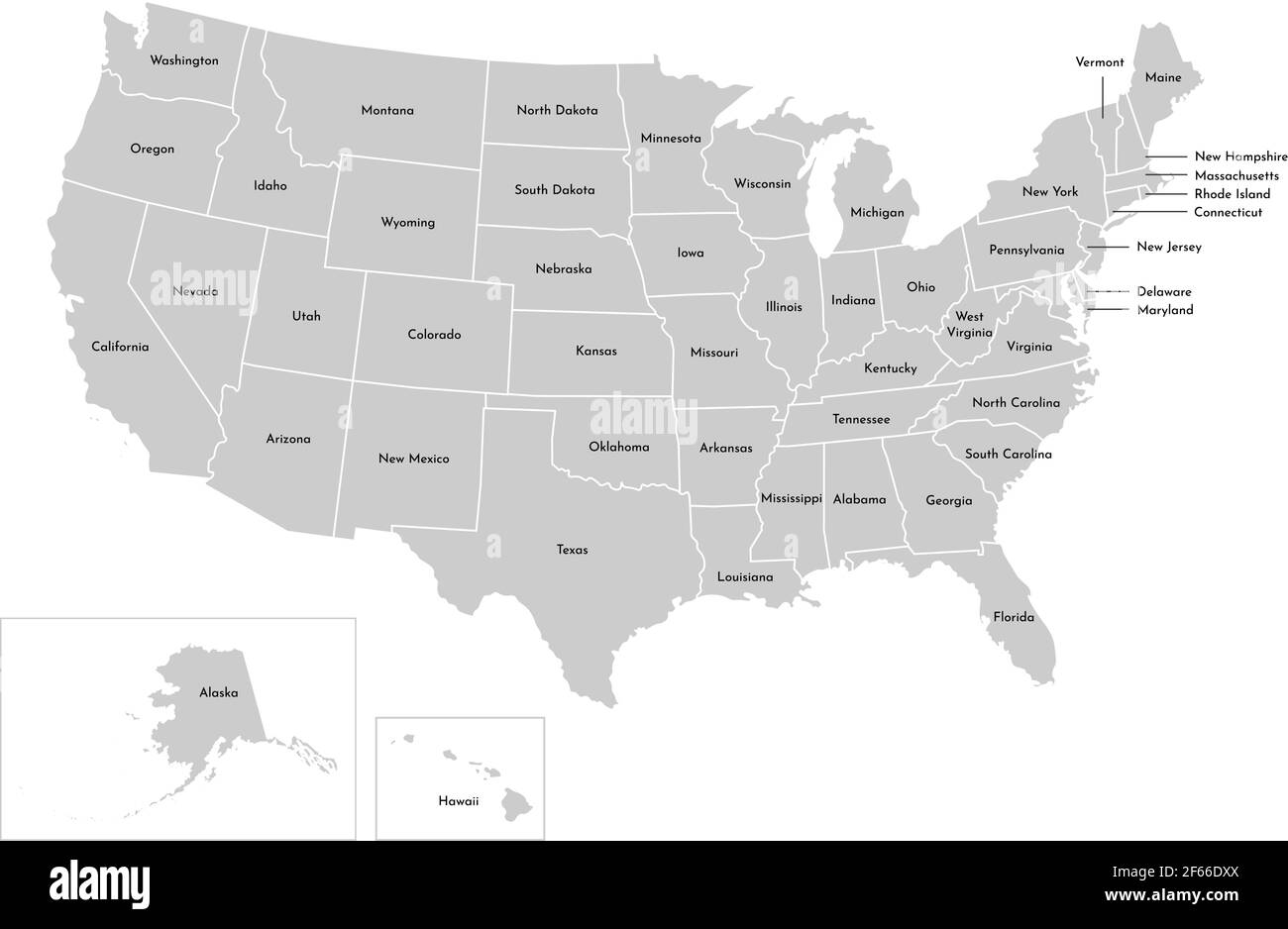 Vector isolated illustration of simplified administrative map of USA (United States of America). Borders and names of the states (regions). Grey silho Stock Vector