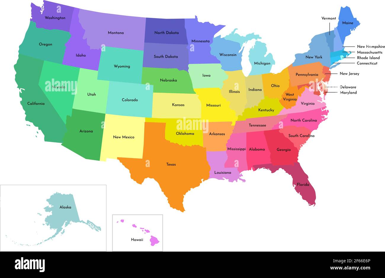 Vector isolated illustration of simplified administrative map of USA (United States of America). Borders and names of the states. Multi colored silhou Stock Vector