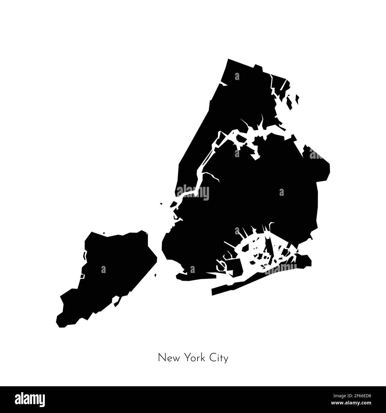 Vector isolated illustration with simplified geometrical shape of New York City map (city in the United States). Black silhouette of The Big Apple (NY Stock Vector