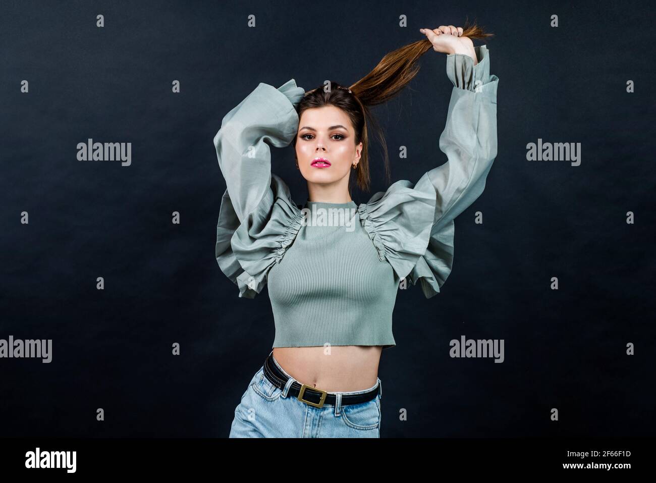 fashionable lady with long hair in stylish casual clothes fashion