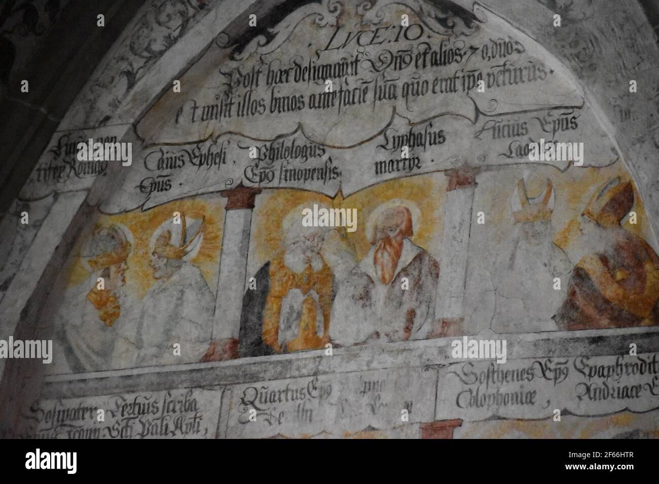 The Abbey Church of St Mary and Mark in Reichenau Mittelzel. Wall paintings on the wall of the apse. Stock Photo