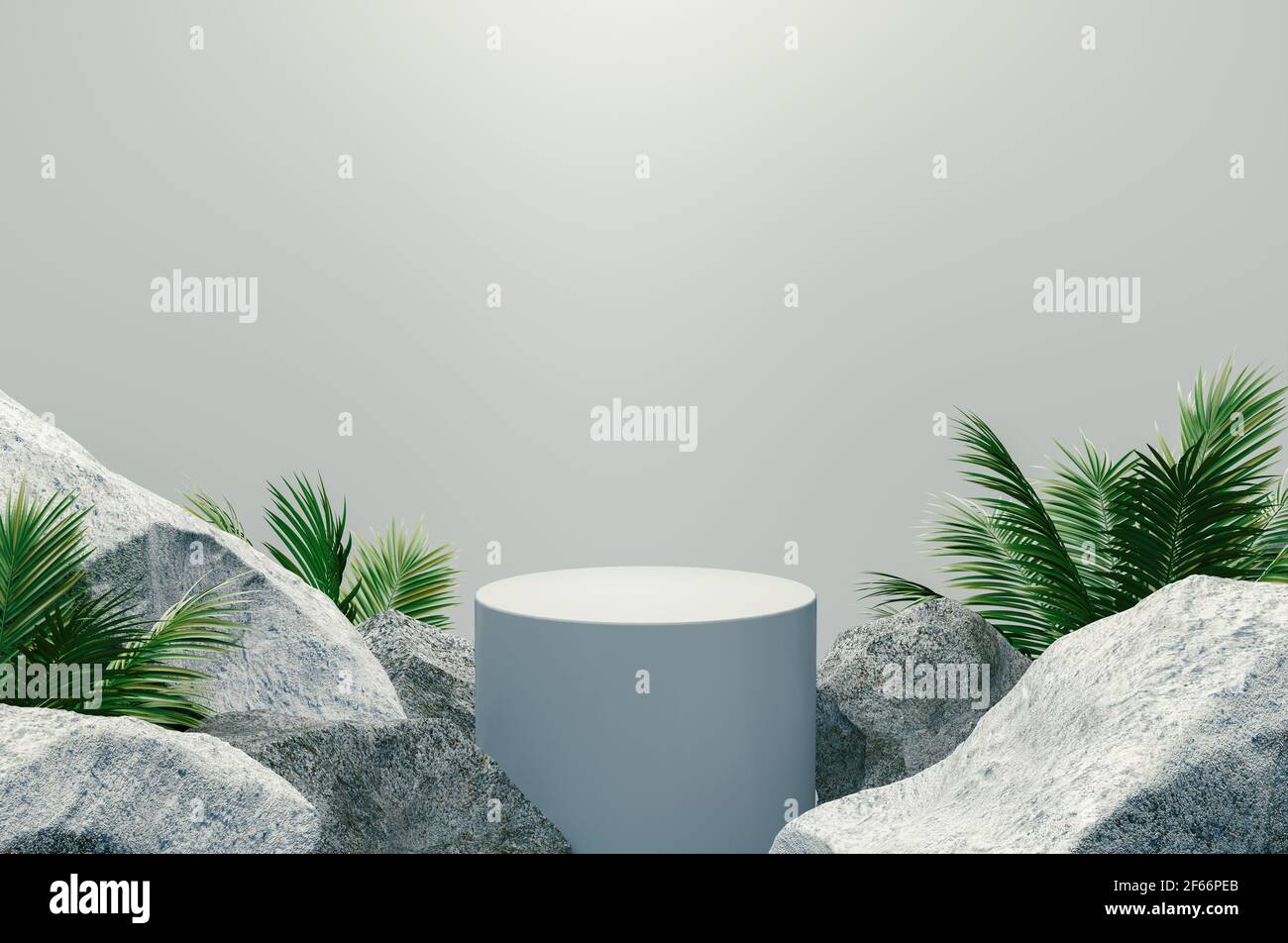 White podium with Rocks and Plants on white background, 3d rendering Stock Photo