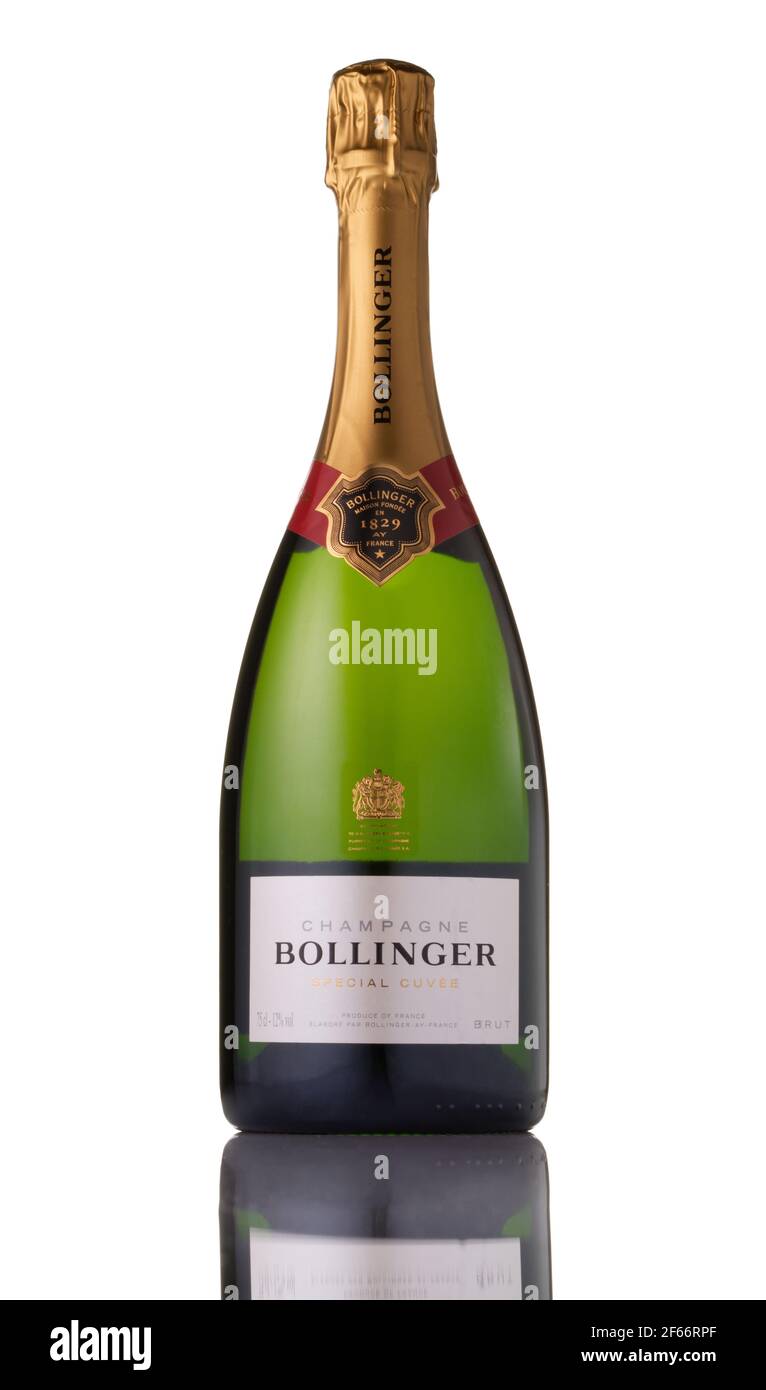 A bottle of Bollinger Champagne. Cut out image on a white background. Stock Photo
