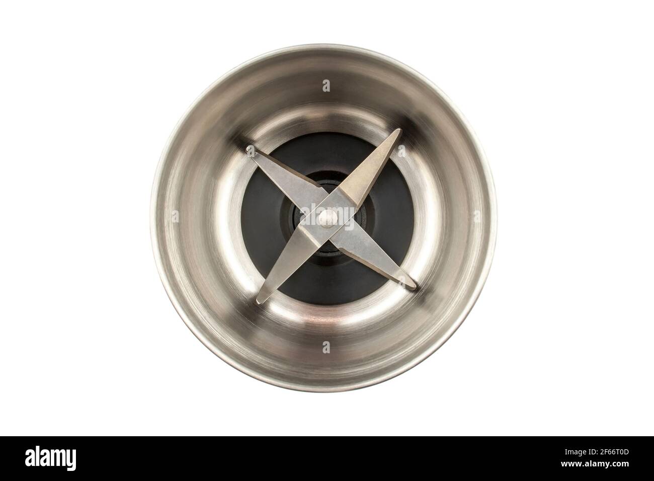 Empty steel coffee grinder isolated on white background. Blade top view ...