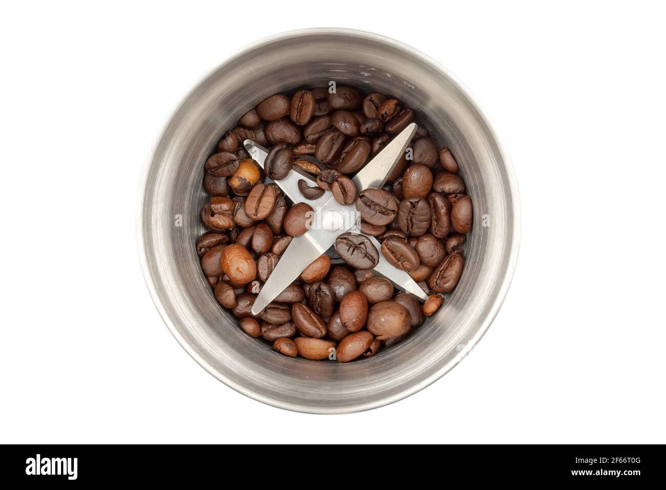 Steel coffee grinder with coffee beans isolated on white background. Blade  top view Stock Photo - Alamy