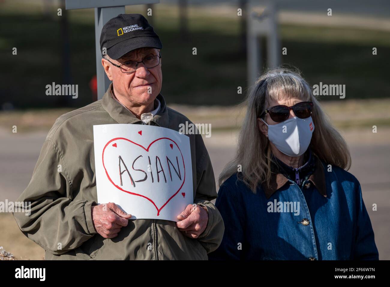 Maple Grove, Minnesota. March 25, 2021. Stop Asian hate protest to remember the victims of the Atlanta Killings. Stock Photo