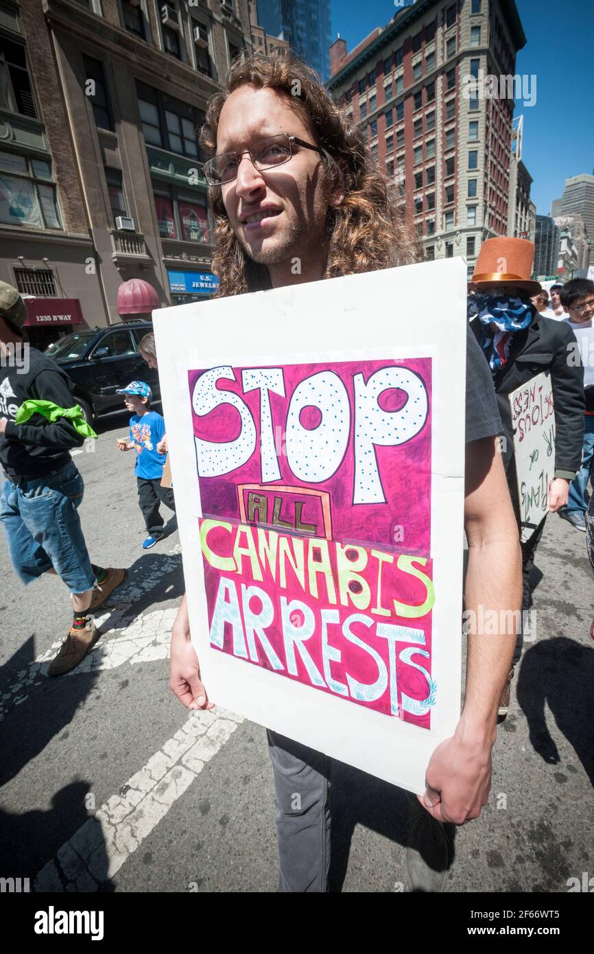 New York, USA. 02nd May, 2015. Advocates for the legalization of marijuana march in New York on Saturday, May 2, 2015 at the annual March For Marijuana. The march included a wide range of demographics from millennials to old-time hippies. The participants in the parade are calling for the legalization of marijuana for medical treatment and for recreational uses. (Photo by Richard B. Levine) Credit: Sipa USA/Alamy Live News Stock Photo