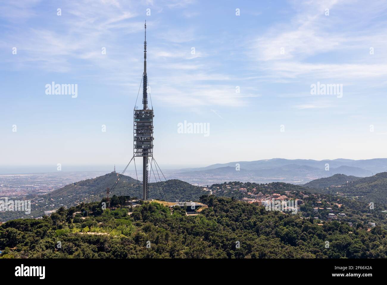 View of Collserola Tower (Torre de Collserola) on Tibidabo mountain in Barcelona Stock Photo