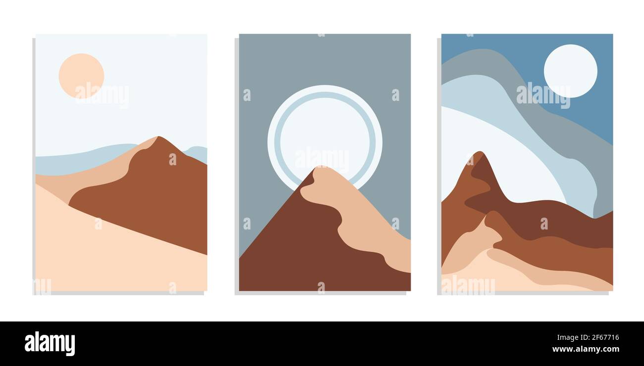 Desert abstract boho landscape with sun and moon. Abstract vector ...
