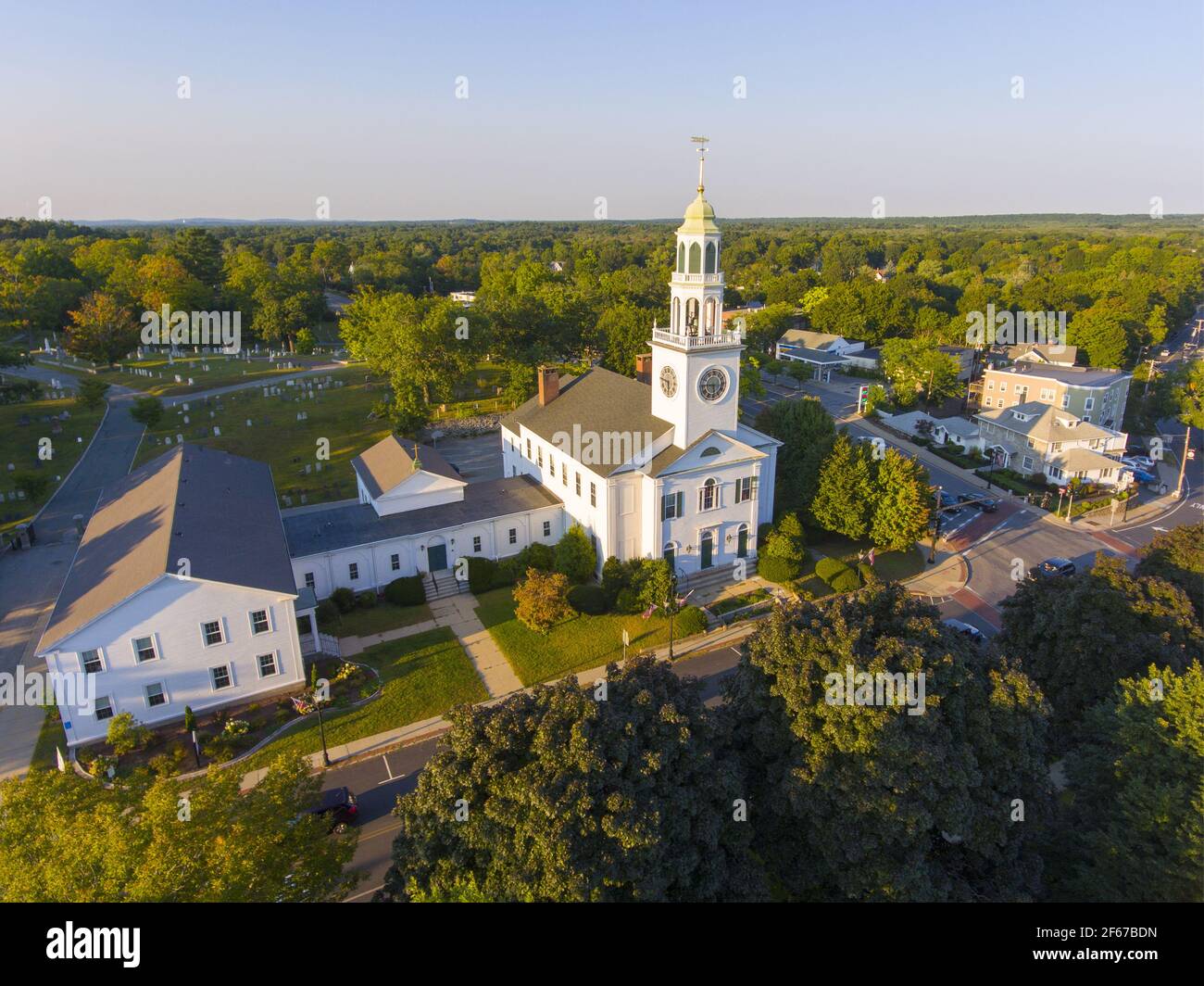 Old South United Methodist Church aerial view at sunset in historic town center, Reading, Massachusetts, MA, USA. Stock Photo