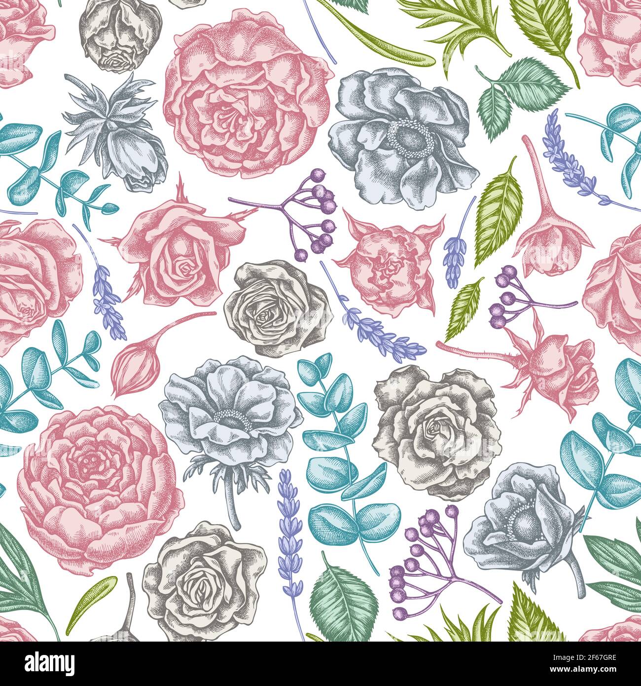 Seamless pattern with hand drawn pastel roses, anemone, eucalyptus ...