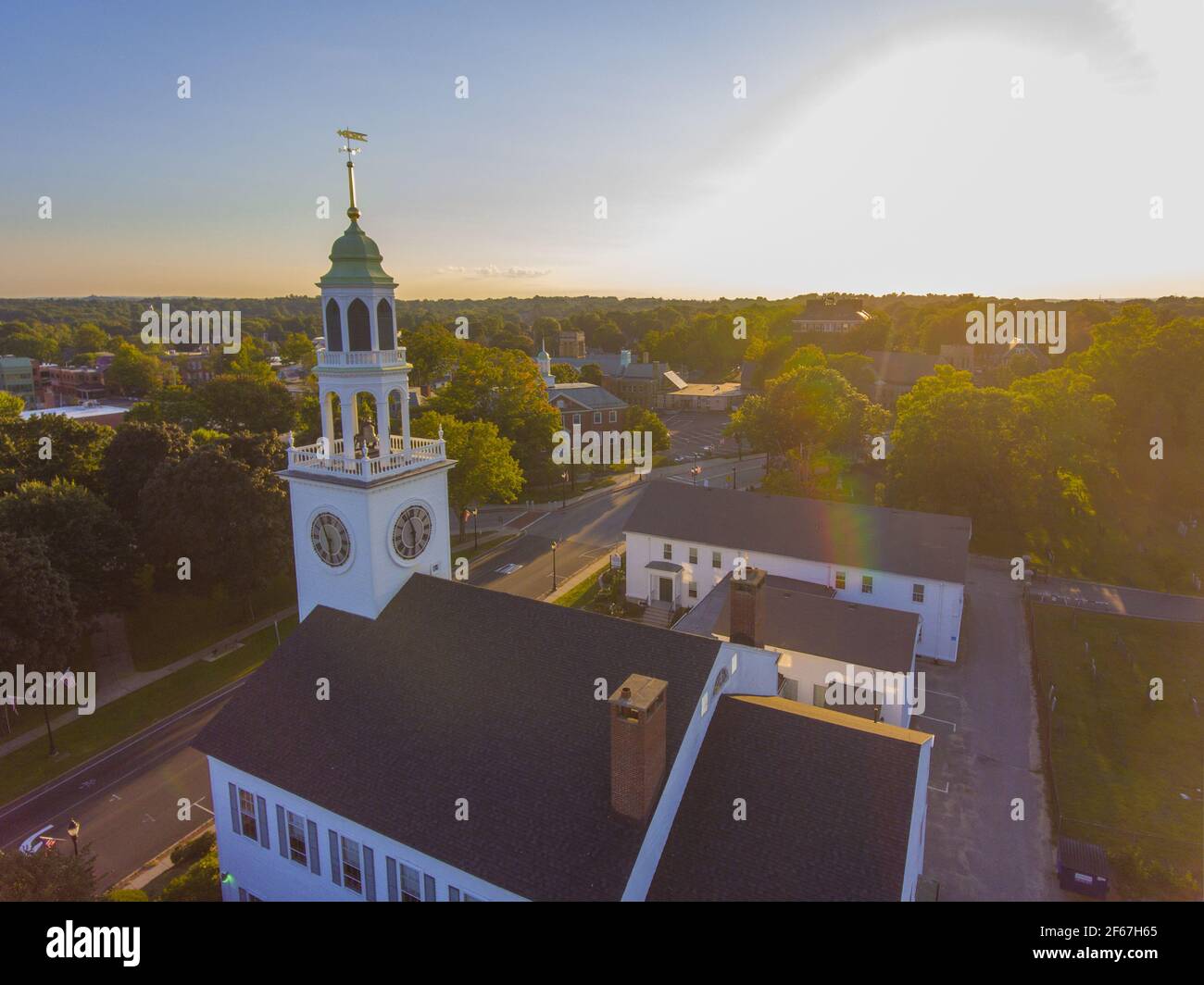 Old South United Methodist Church aerial view at sunset in historic town center, Reading, Massachusetts, MA, USA. Stock Photo