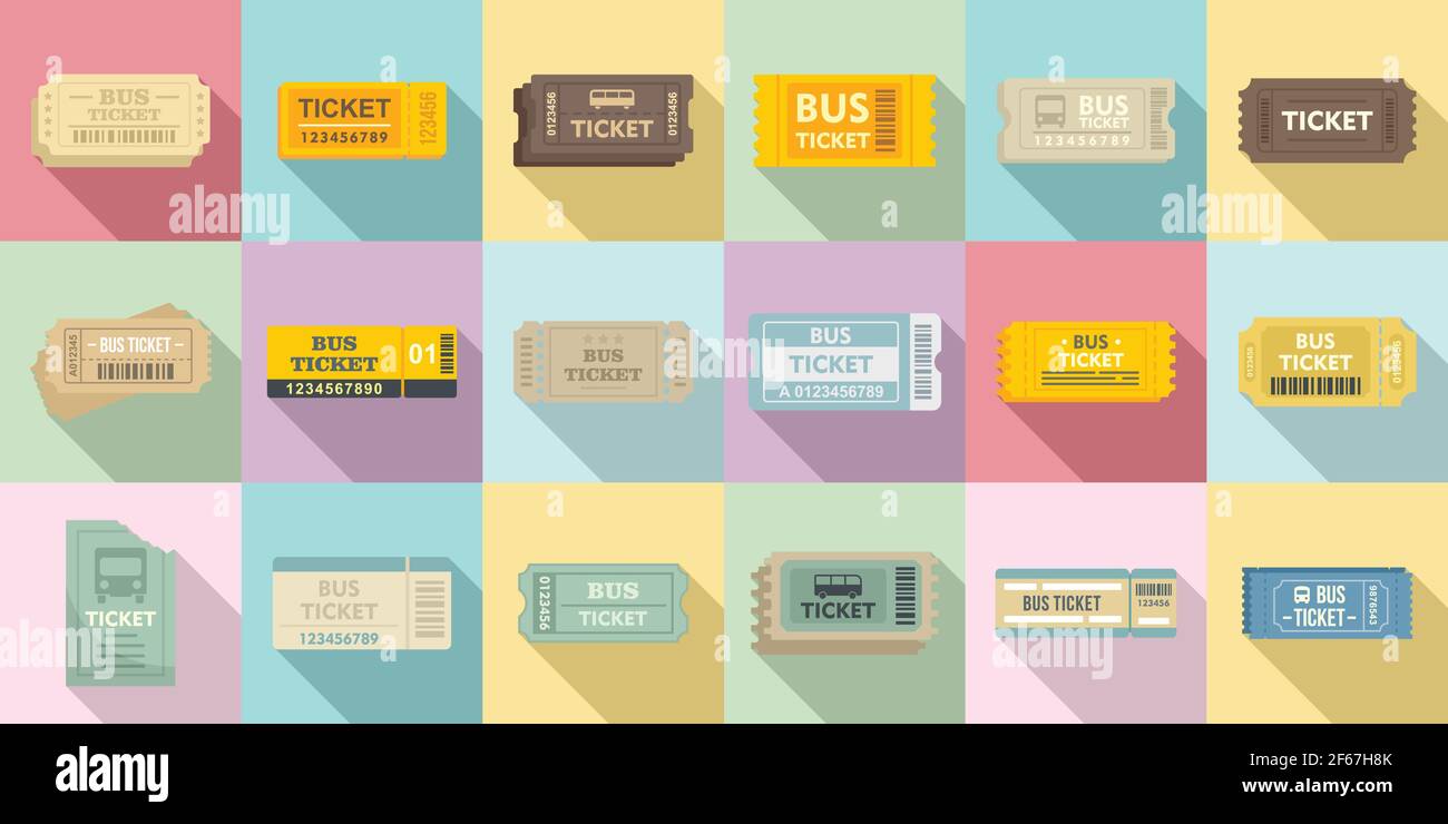 Bus ticketing icons set, flat style Stock Vector