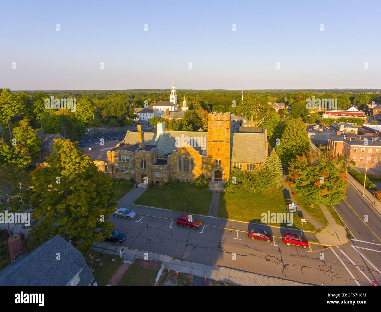 Reading historic town center and First Congregational church aerial view, Reading, Massachusetts, MA, USA. Stock Photo
