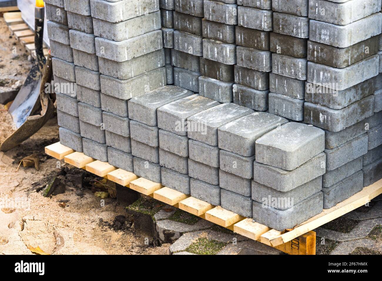 Concrete blocks prepared for the paving of a street Stock Photo