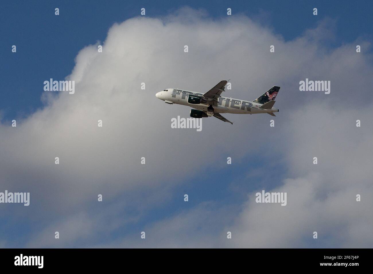 Frontier Airlines plane taking off from Denver International Airport Denver Colorado. DIA Stock Photo