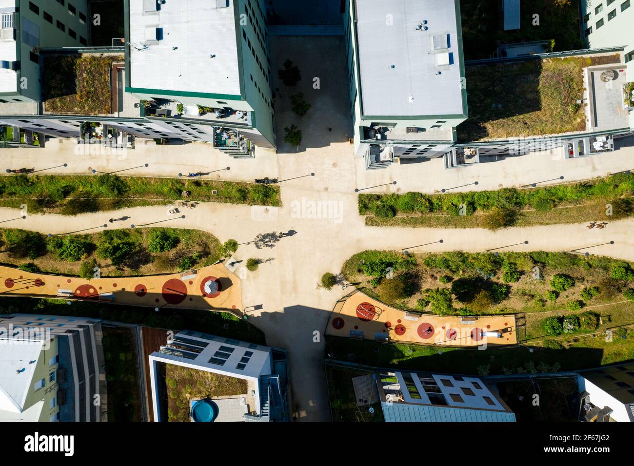 Top down view of public place in housing estate. Aerial view of