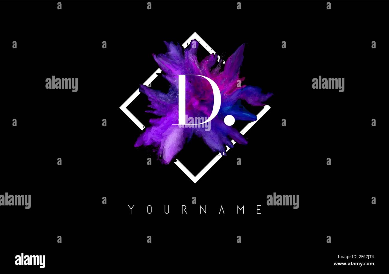 D Letter Logo Design with Colorful ink Stroke over White Square Frame. Creative vector illustration with pink, purple, blue and violet splash and lett Stock Vector