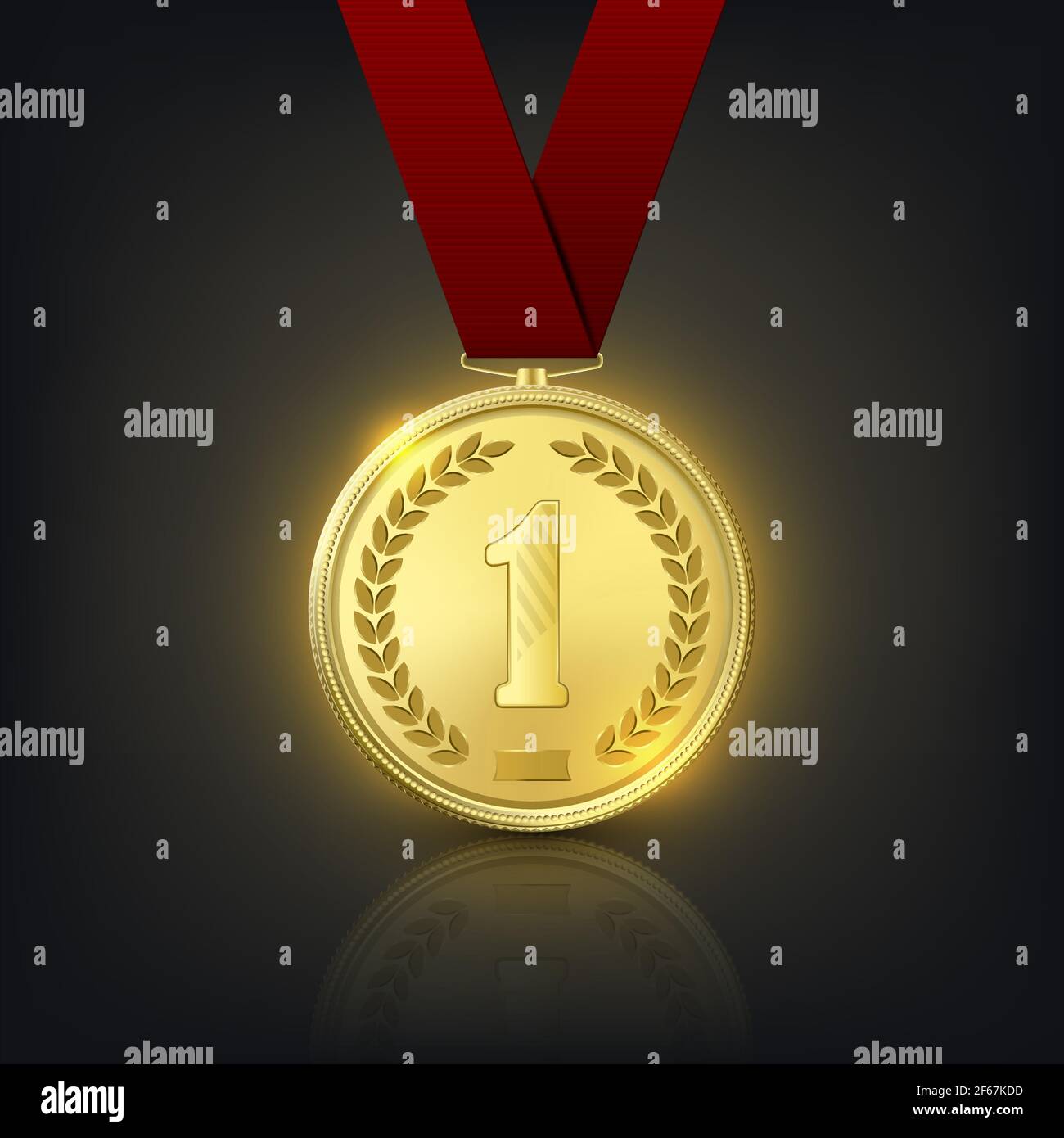 Vector 3d Realistic Golden Medal with Red Ribbon. Victory Concept. Glow ...