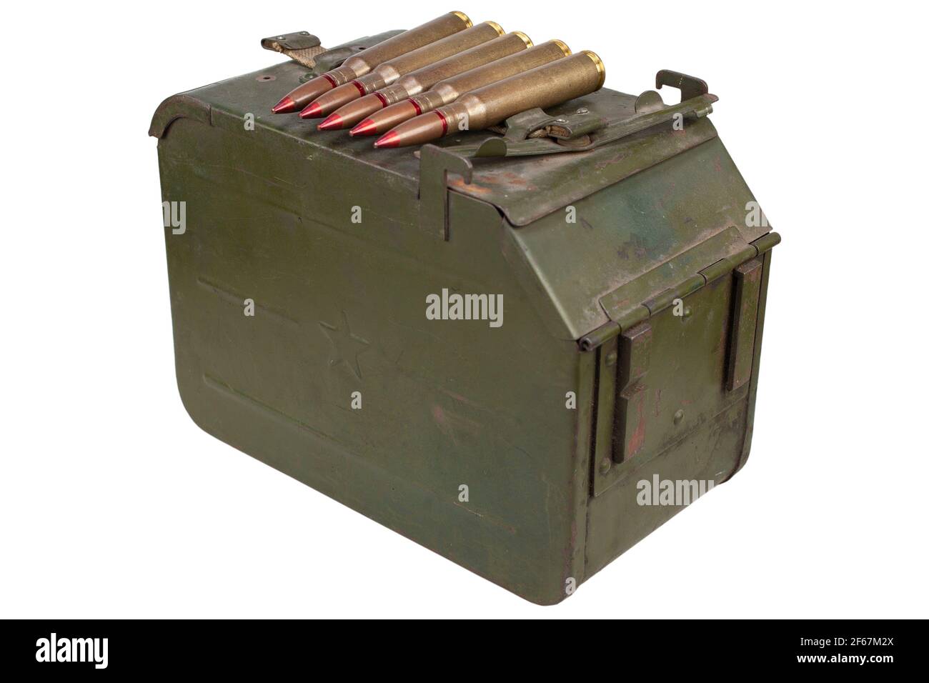 Metal Ammo Can for ammunition belt and 12.7×108mm cartridges for a 12.7 mm heavy machine gun DShK used by the former Soviet Union isolated on white ba Stock Photo