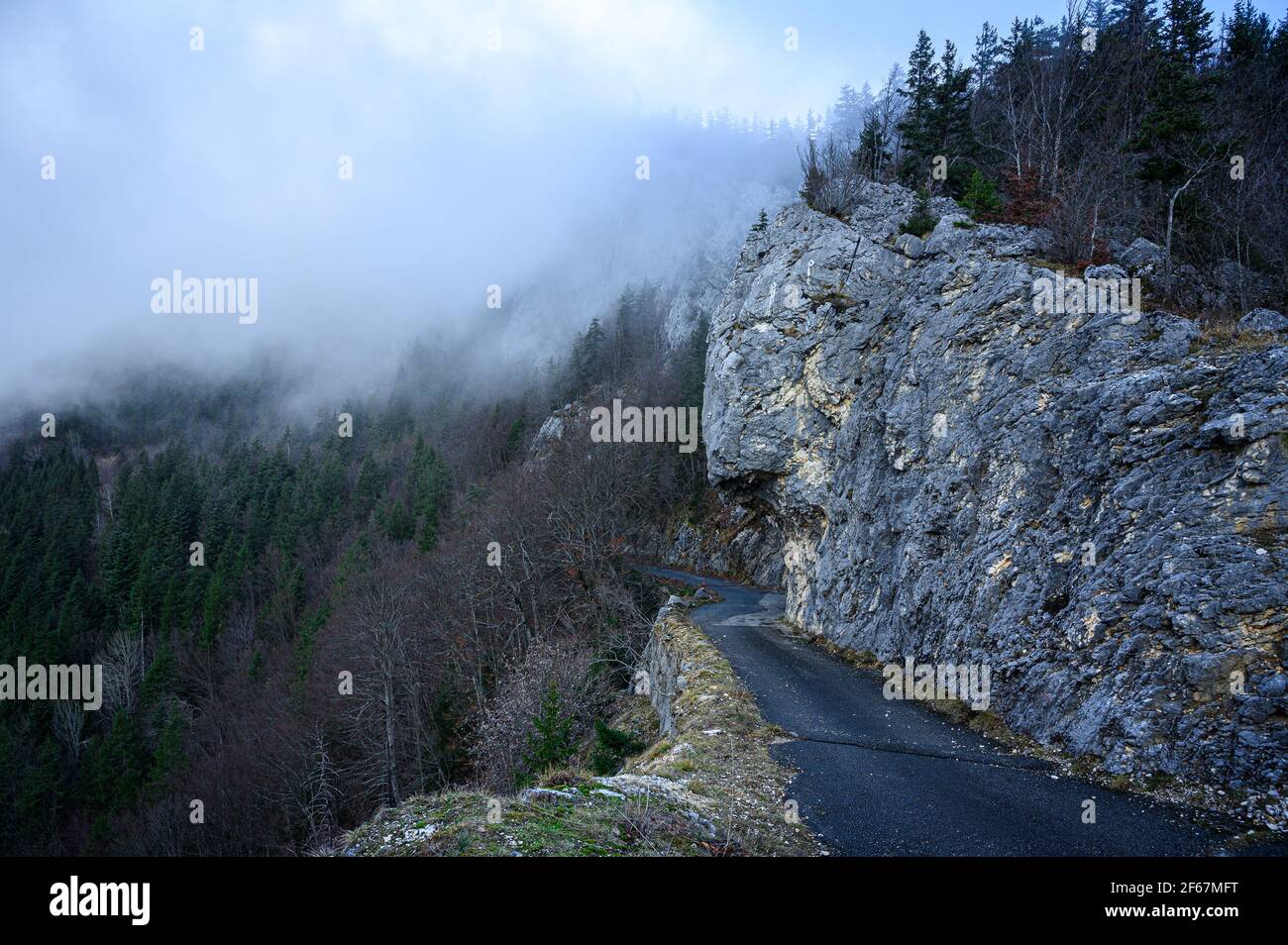 Narrow mountain road leading along with rocky wall. Fog rising from woods. Mystic morning atmosphere in Vercors mountains, France. Stock Photo