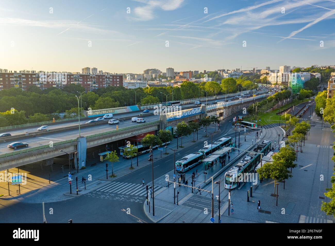 Aerial view on several busses and trams on Porte de Pantin stop in morning  sun. City logistics, public transportation concept. (Périphérique, Paris  Stock Photo - Alamy