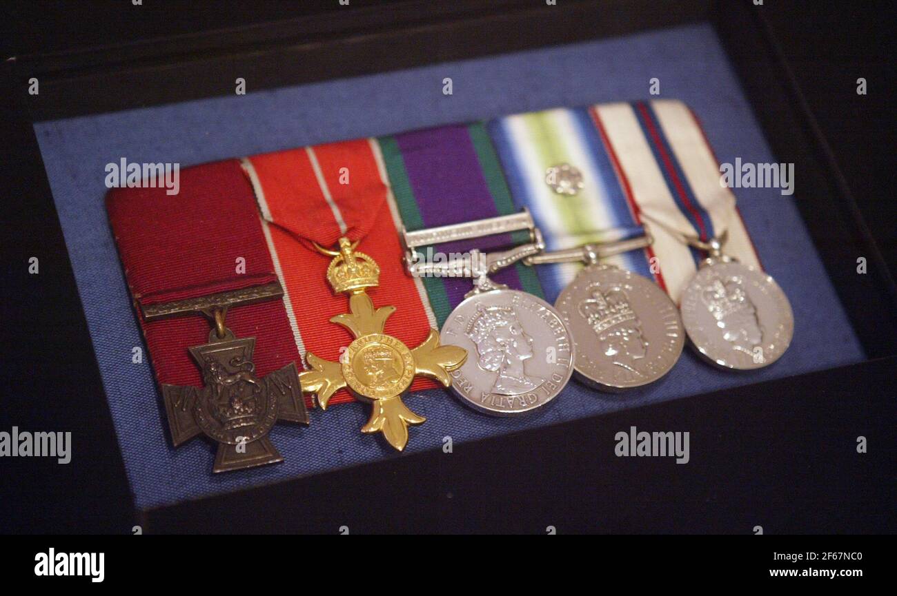 A new exhibition marking the 25th anniversary of the Falklands War includes the Victoria Cross awarded to H Jones. his wife Sara Jones was at the National Army Museum to view the exhibition which runs from 2April to September 2007.  pic David Sandison Stock Photo