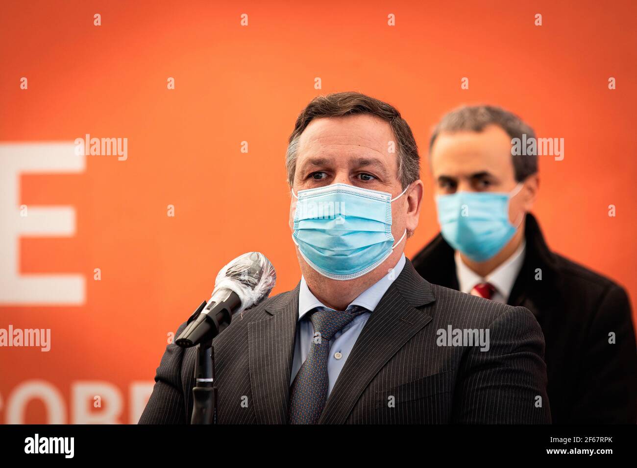 Porto, Portugal. 10th Feb, 2021. Paulo Barbosa, CHUP Chairman of the Board of Directors speaks during a press conference about the presentation of the new drive thru vaccination facility built in Queimódromo, Porto to help accelerate the pace of COVID-19 vaccination process as soon as enough vaccine doses are available. (Photo by Teresa Nunes/SOPA Images/Sipa USA) Credit: Sipa USA/Alamy Live News Stock Photo