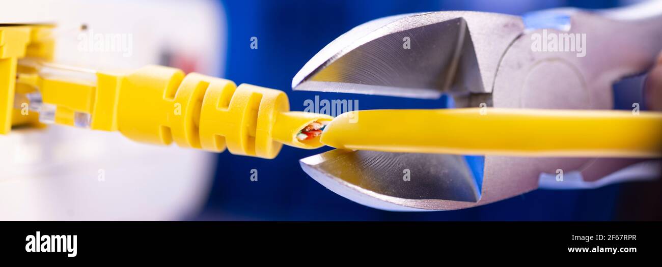 A cutter for cutting a network cable cuts a cable close-up. Stock Photo