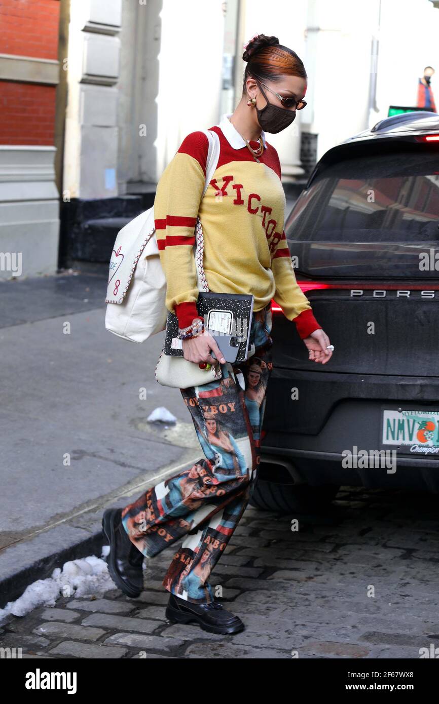 New York - NY - 20201223-Bella Hadid Exits Apartment in Retro Playboy