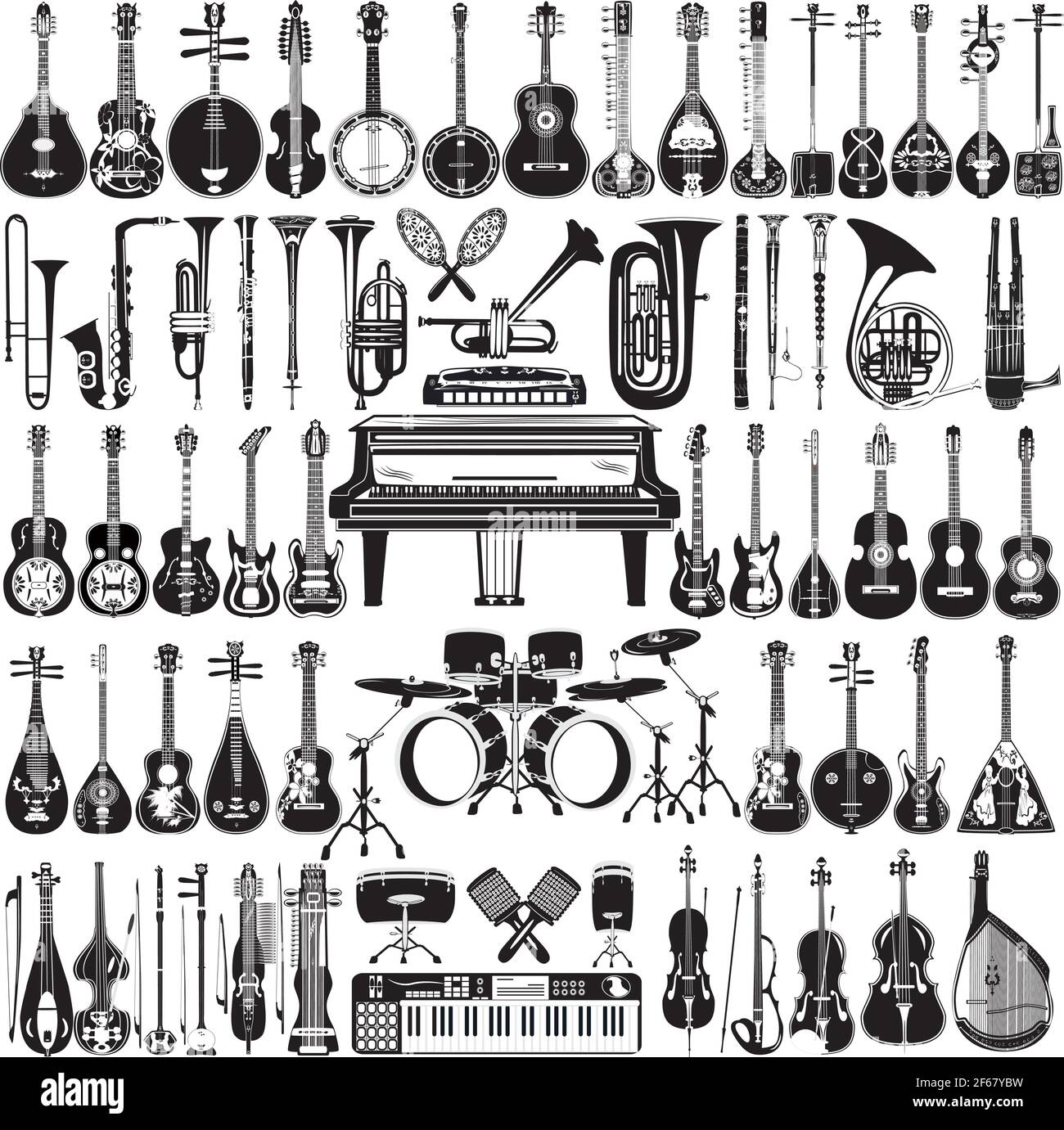 Vector set of black and white musical instruments Stock Vector