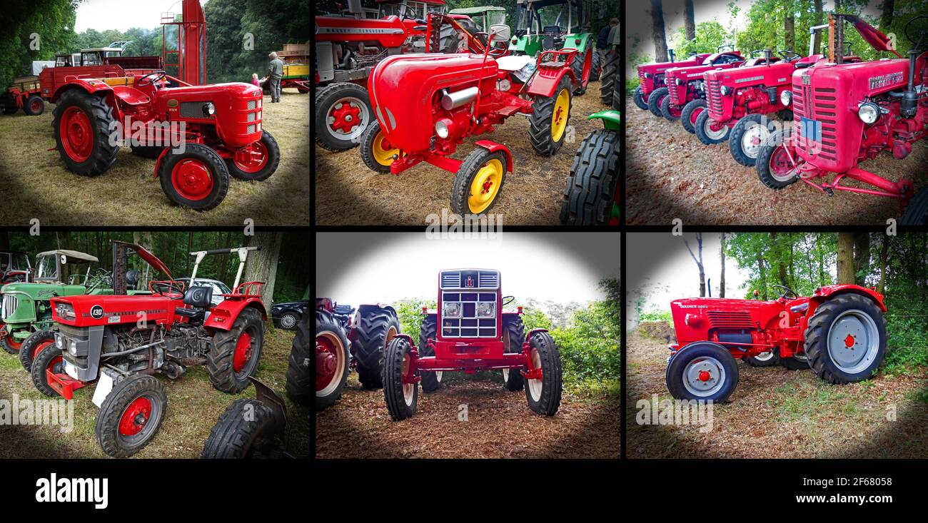 Itterbeck, Lower Saxony, Germany - June 19 2016 Classic tractor exhibition.  Collage of red historical tractors Stock Photo