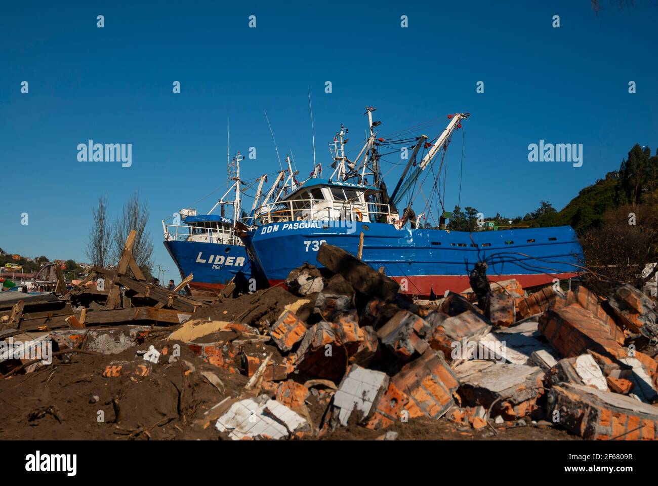 TALCAHUANO, CHILE - APRIL 21, 2010:  Ships washed ashore by tsunami Stock Photo