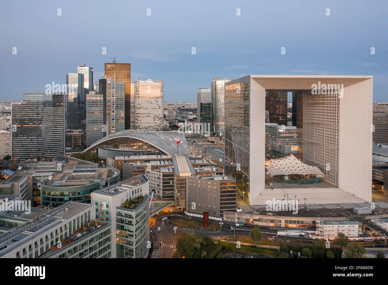 Paris, France - Jun 18, 2020: Aerial shot of skyscrapers in La Defense post pandemic lockdown at dusk Stock Photo