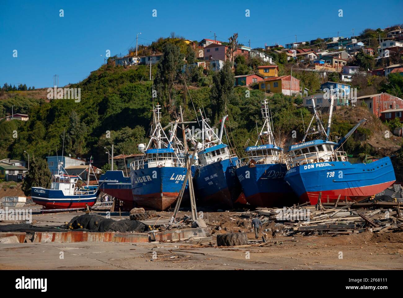 TALCAHUANO, CHILE - APRIL 21, 2010:  Ships washed ashore by tsunam Stock Photo